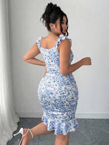 Elenzga Đầm mini ôm sát cơ thể cỡ lớn dành cho nữ, họa tiết hoa, hai màu, xếp ly, tay loe, viền bèo nhún, thắt nơ phía trước, thích hợp cho kỳ nghỉ xuân/hè. - Màu xanh lam - Xem 2