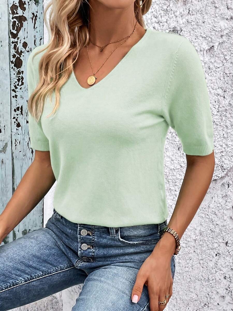 SHEIN Clasi Women's Solid V-Neck Casual Versatile Everyday Knit Top - Mint Green - View 1