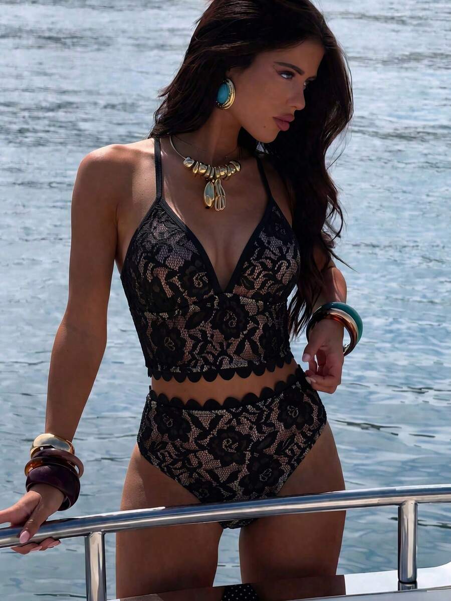 Swim Lushoire Women's Lace V-Neck Sexy Tropical Floral Trim Camisole And Bikini Set, Suitable For Summer Beach Vacation Party Golf Beige - Black - View 1