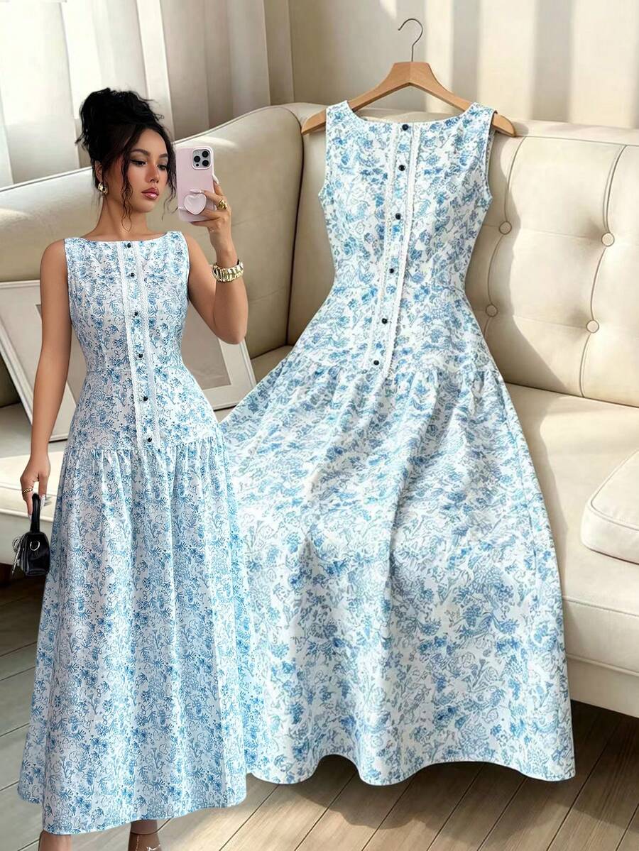 Selianne Women's White Floral Summer Elegant Sexy Holiday Vacation Maxi Dress,Sleeveless Round Neck Waist-Cinched Ruffle Decor Contrast Button Golf - Aqua Blue - View 1