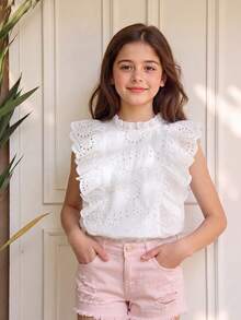 SHEIN Elladie kids 女童荷叶边领刺绣褶皱面料休闲衬衫，优雅乡村风格，适合外出和工作穿着，蓝色 - 白色 - 查看 3