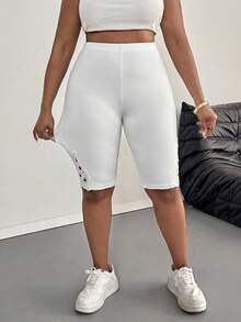 SHEIN PETITE CURVE Plus Size Women's Solid Color Casual Basic Leggings,High-Waisted Mid-Length White Sommar Smart Casual Gym Pants For Petite Figures,Sports Y2K Outing - White - View 4