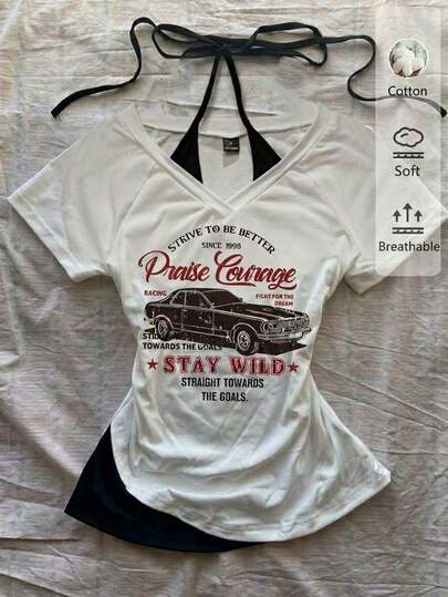Attitoon Camiseta de mujer de manga corta con cuello en V, estilo retro con gráfico de coche, con lazo, contraste de colores - Ropa casual de verano, estilo vintage punk grunge gótico de la generación Z, atuendo de club hip-hop, festivales de música, looks de vuelta al colegio, ropa de gimnasio y deportes