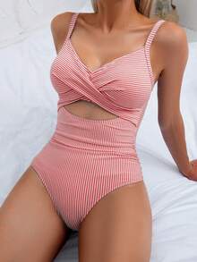Swim Basics 女士性感条纹连体镂空前系带后背泳衣，夏季 - 紅色 - 查看 1
