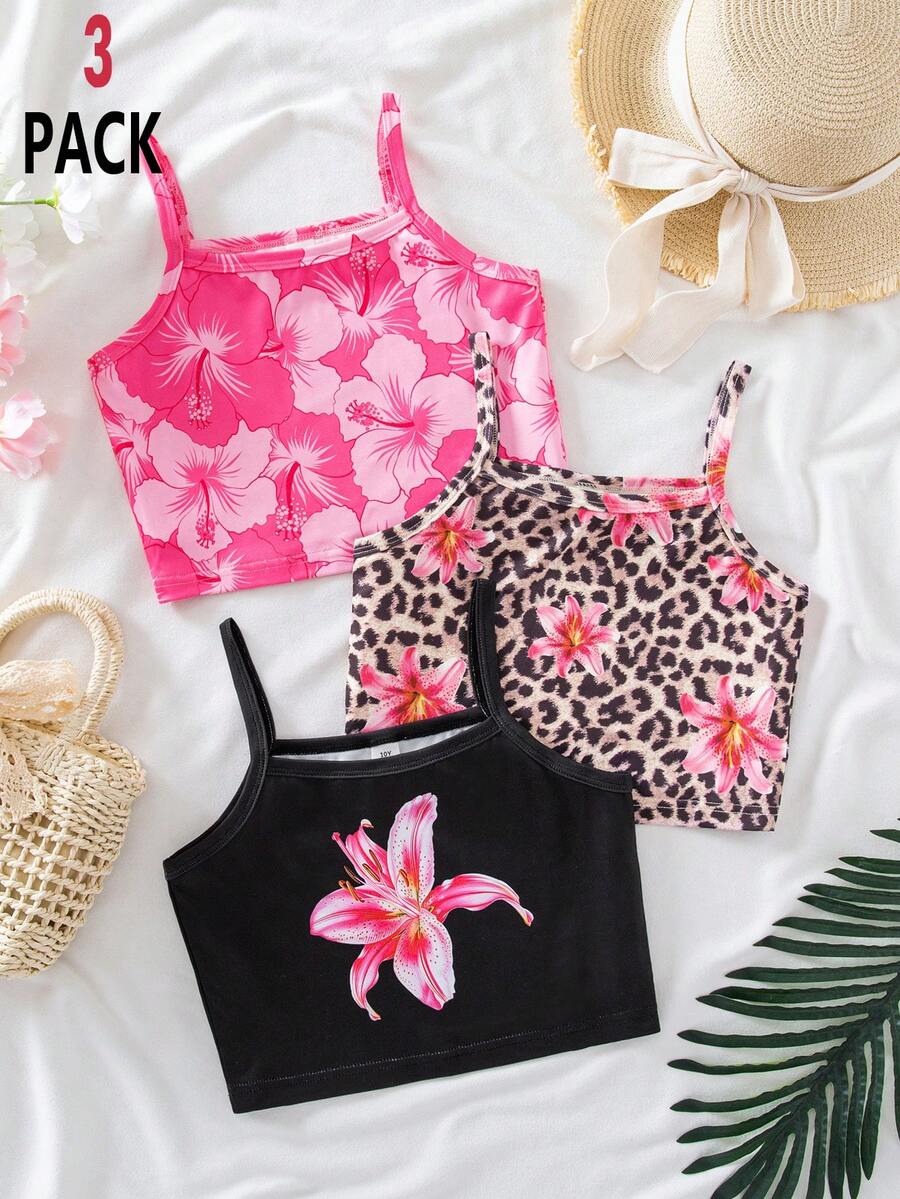 SHEIN Genkimix Kids 3件套少女碎花印花纯色吊带背心，简约时尚度假风背心 - 彩色 - 查看 1