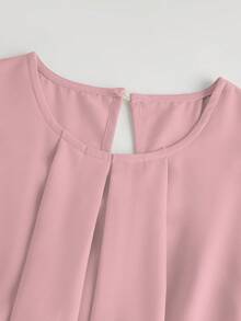 SHEIN Franclia 女士纯色圆领褶皱休闲百搭日常衬衫 - 粉色 - 查看 3