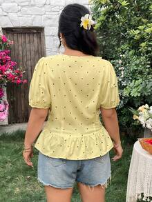 Modelyn Plus Size Summer Casual Polka Dot Print Ruffle Trim Blouse - Yellow - View 2