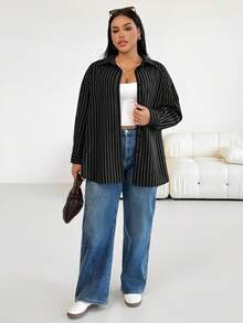 SHEIN CURVE+ Quần áo nữ cỡ lớn, thời trang mùa xuân, phong cách thường ngày, rộng rãi và thoải mái, trang phục cơ bản hàng ngày, ôm dáng, sọc nâu, áo sơ mi cài nút rộng thùng thình, trang phục mùa xuân, áo sơ mi nữ, kiểu dáng đơn giản, áo công sở - màu đen - Xem 5