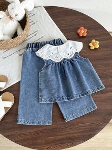 SHEIN Bộ quần áo bé gái phong cách đồng quê cổ Peter Pan, áo không tay viền thêu và quần dài 2 mảnh. - Màu xanh lam - Xem 2