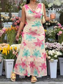GalTyme Gaun Maxi Tanpa Lengan Berkerah Drape dengan Motif Bunga Elegan Ukuran Plus, untuk Liburan Musim Panas - MultiWarna - View 3