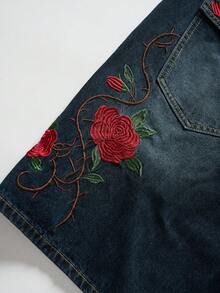 ROMWE MEN Pantalones cortos de mezclilla holgados con bordado floral para hombres - Azul - Ver 5