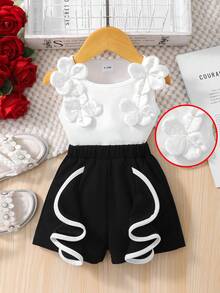 SHEIN Playful Pals Baby Girls' Cute Design Set, Spring/Summer Sleeveless Top With 3D Floral Decor + Contrast Ruffle Hem Shorts, 2pcs Set For Casual, Party, Gathering - White - View 3