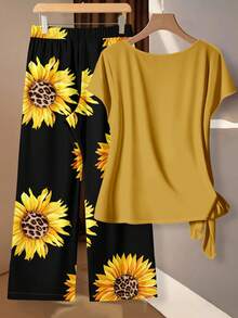 SHEIN Clasi Bộ quần áo nữ cỡ lớn in họa tiết hoa hướng dương lãng mạn, màu vàng và đen, gồm 2 món, thích hợp cho kỳ nghỉ hè. - Nhiều màu - Xem 2