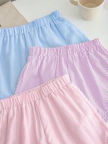 SHEIN 3件套少女条纹休闲短裤套装 - 淡紫色 - 查看 3