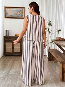 Weeklong Plus Size Women Striped Round Neck Top And Wide Leg Pants Casual 2 Pieces Set - Multicolor - View 2