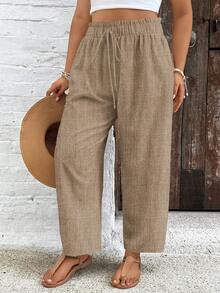 SHEIN VCAY Plus Size Women Textured Drawstring Waist Casual Pants - Khaki - View 4