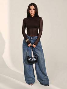 SHEIN PETITE Áo liền thân lưới màu trơn gợi cảm dành cho nữ, áo tay dài xuyên thấu, áo lưới tay dài, áo xuyên thấu màu đen, áo lưới đen, mùa thu, áo liền thân màu đen - màu nâu - Xem 8