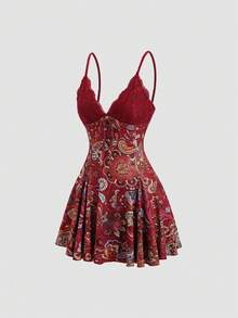 Sweetra Y2K Lace Sexy Patchwork Vacation Versatile Slimming Dress - Burgundy - View 1