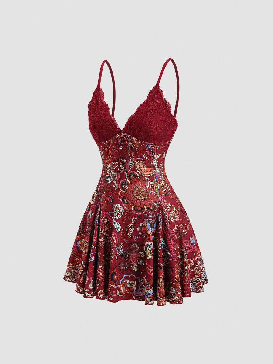 Sweetra Y2K Lace Sexy Patchwork Vacation Versatile Slimming Dress - Burgundy - View 1