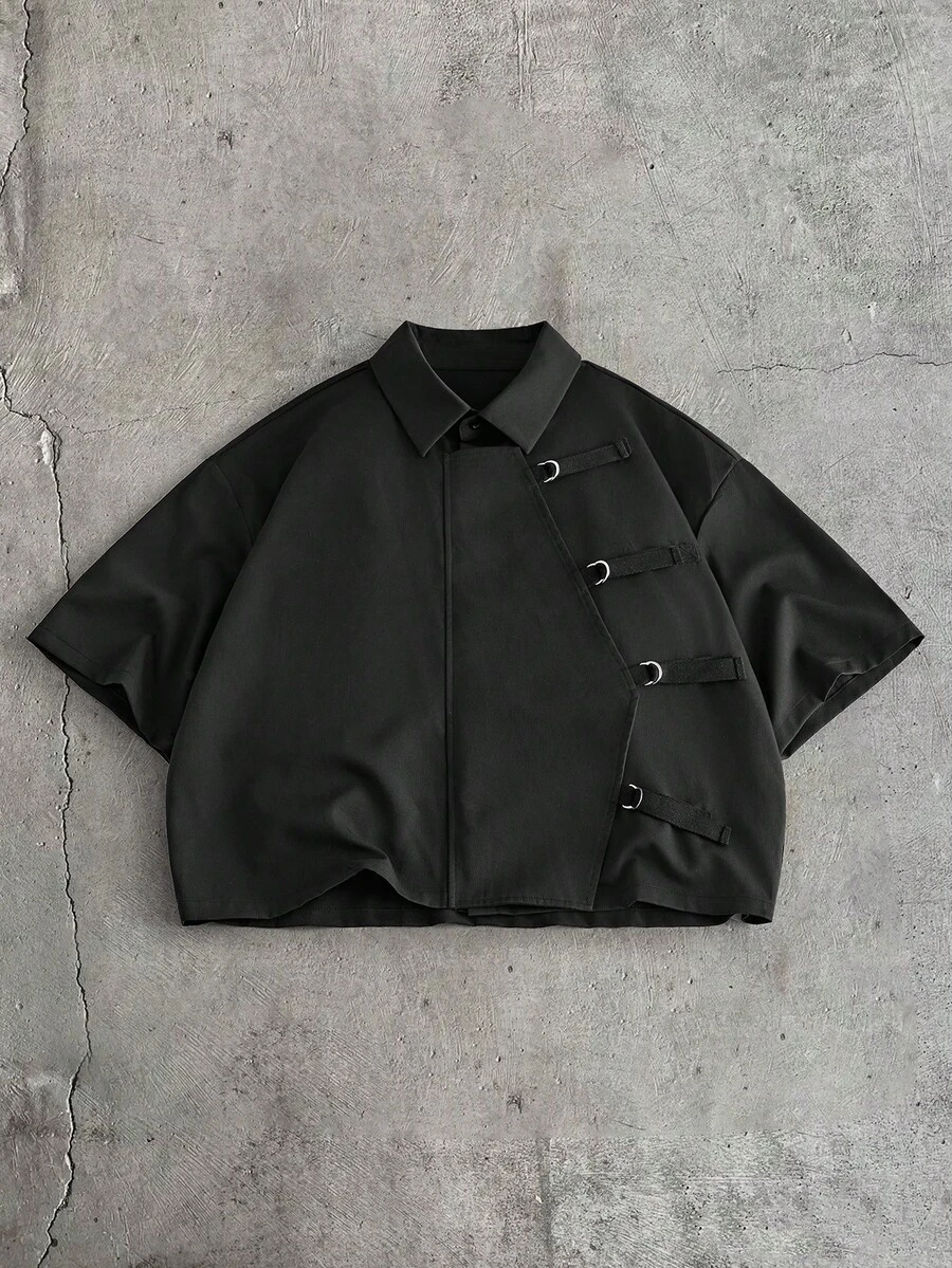 AXEPEAK 男士纯色简约休闲短袖衬衫 - 黑色 - 查看 1