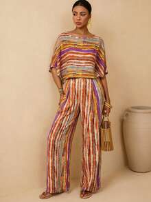 Vesra Women's Vacation Style Colorful Striped Batwing Sleeve Top + Matching Wide Leg Pants 2 Pieces Set - Multicolor - View 4