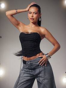 Denimoi Áo corset denim không tay có chi tiết buộc dây, áo corset denim phong cách đường phố, áo gợi cảm dành cho buổi hòa nhạc. - màu đen - Xem 5