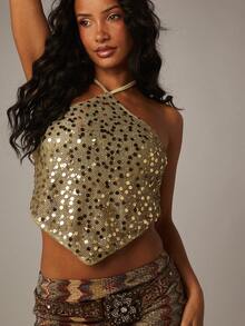 MISSGUIDED Gold Sequin Halter Neck Crop Top Sleeveless Party Night Out Evening Disco Glamour Festival Club Wear Sparkle Summer Sexy - Green - View 5