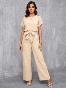 SHEIN Clasi Bộ jumpsuit dài nữ màu xanh dương thanh lịch, cổ tròn, hai lớp vải cotton nhăn, thắt eo, thích hợp cho kỳ nghỉ hè, hẹn hò, đi làm và du lịch. - Màu be - Xem 6