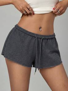 SHEIN PETITE Women's Solid Color Elastic Waist Loose Casual Shorts - Dark Grey - View 4