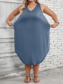 SHEIN CURVE+ Plus Size Women's Solid Color Curved Hem Vest Dress - Dusty Blue - View 10