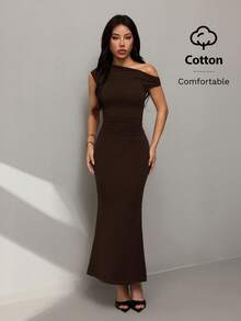 SHEIN PETITE Đầm đuôi cá dài lệch vai, chất liệu cotton thoải mái, thích hợp cho mùa hè, hẹn hò hàng ngày, tiệc tùng, những dịp trang trọng, đi chơi. - Cà phê nâu - Xem 5