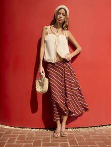 Nöista Rok Midi Lilit Bergaris dengan Siluet A-Line untuk Liburan Musim Panas dan Tampilan Kasual yang Chic. - Rust Brown - View 4