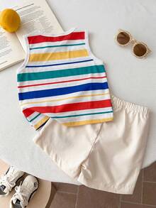 SHEIN Playful Pals 2件組男嬰夏季休閒可愛海灘套裝 條紋背心印卡通熊圖案 & 米色短褲 柔軟針織面料 嬰幼兒服裝套裝 - 彩色 - 查看 2