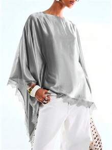 LYSMO Blusa holgada de mujer con mangas acampanadas, de unicolor satinado con encaje de contraste, para primavera/otoño - Gris - Ver 1