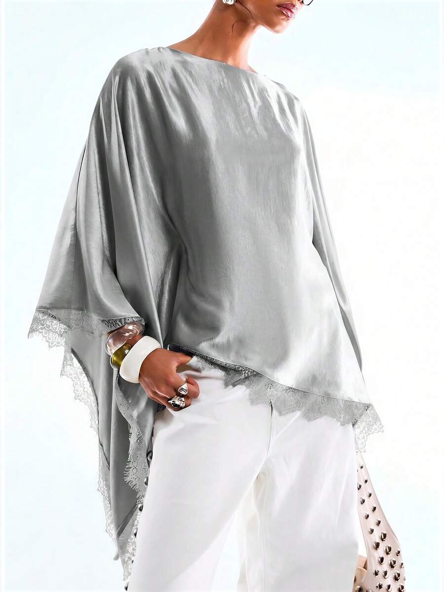 LYSMO Blusa holgada de mujer con mangas acampanadas, de unicolor satinado con encaje de contraste, para primavera/otoño - Gris - Ver 1