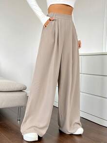 SHEIN Tall CURVE 大码女式高腰褶裥阔腿裤 - 卡其色 - 查看 6