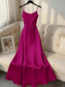 GlowEve CURVE Váy satin hồng đính đá pha lê và ngọc trai, hở lưng, phong cách Pháp, xếp ly, sát nách, ôm dáng, đính sequin trắng, thanh lịch, cho khách dự đám cưới, tiệc bãi biển mùa hè - Màu Hồng Tươi - Xem 2
