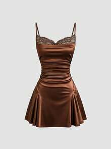 Sweetra Women's Lace Patchwork Ruffle Elegant Waist Cinched Camisole Dress, Suitable For Dates And Parties - Coffee Brown - View 6