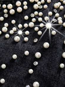 SHEIN MOD Plus Size Women Pearl Decor Pocket Denim Mini Skirt - Black - View 3