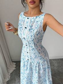 Selianne Women's White Floral Summer Elegant Sexy Holiday Vacation Maxi Dress,Sleeveless Round Neck Waist-Cinched Ruffle Decor Contrast Button Golf - Aqua Blue - View 7