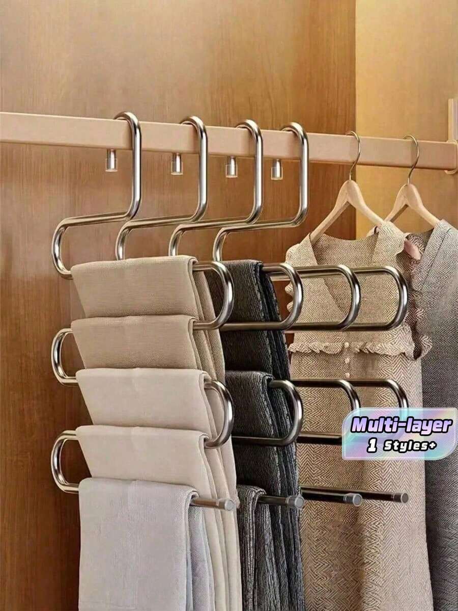Stainless Steel 5-Layer Trouser Hanger - Space Saving Jeans Organizer Rack With Polished Surface, Wardrobe Closet Storage Solution - Multicolor - View 1
