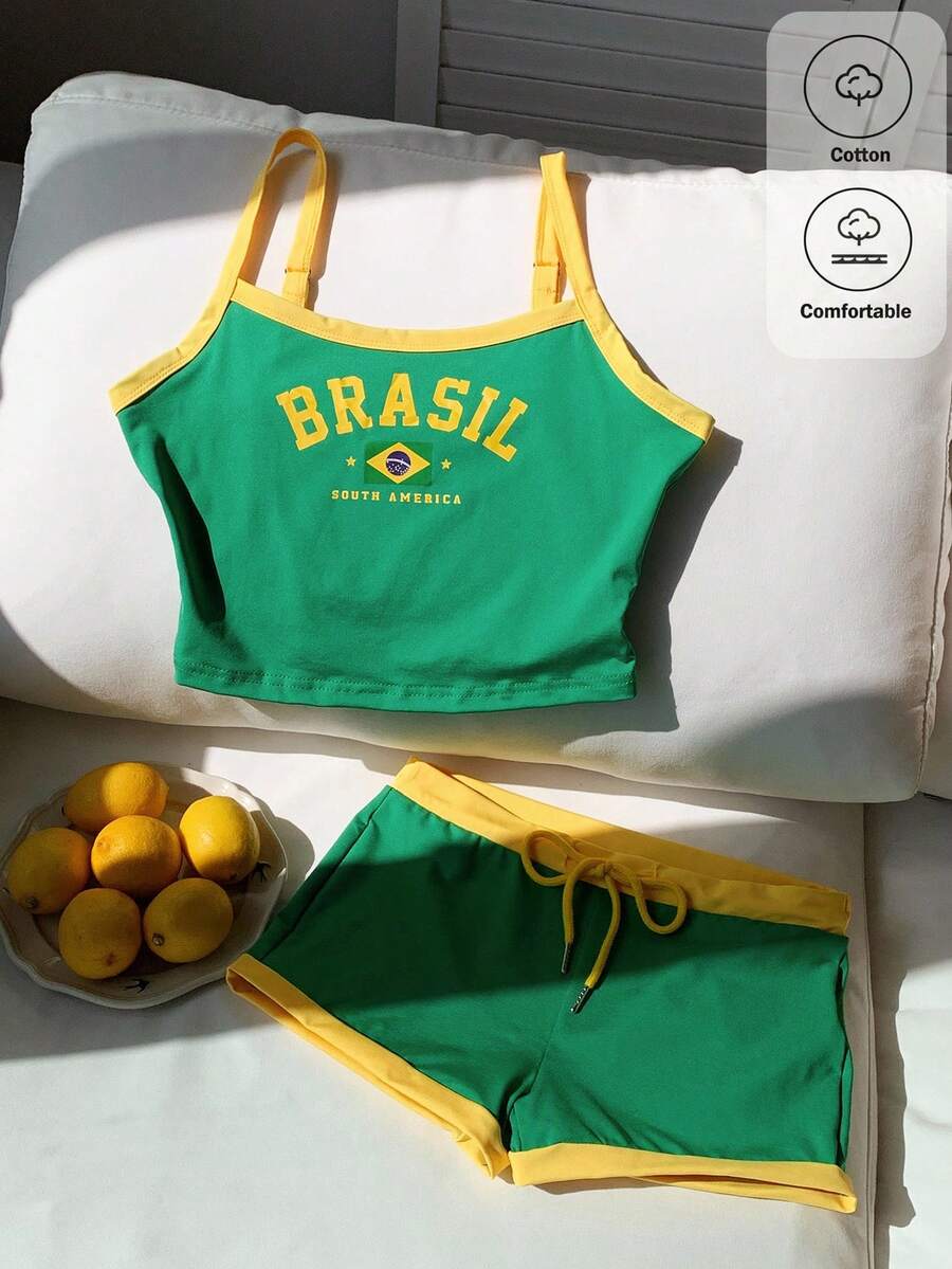 SHEIN EZwear 95%纯棉巴西国旗彩色字母印花露脐上衣和短裤套装，夏季穿搭，适合日常通勤、约会、派对、圣诞节、新年、感恩节、婚礼、海滩、毕业典礼、时尚、优雅、休闲、外出、约会、通勤、闪亮、情人节、优雅、度假、休闲、Y2K、外出、毕业典礼等场合。 - 彩色 - 查看 1