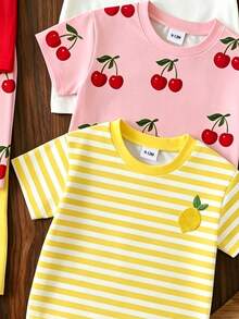 6pcs/Set Baby Girls' Cute Summer Vacation Outfit,Floral,Leopard Bow,Letter Print T-Shirt & Shorts,Blue And White Stripe,Short Sleeve Round Neck Set - Multicolor - View 5