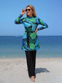 SHEIN Swim Mulvari 女士春夏新款布基尼两件套，含腰带，时尚端庄显瘦大叶绿色印花休闲中东度假风长袖长裤布基尼套装 - 彩色 - 查看 3