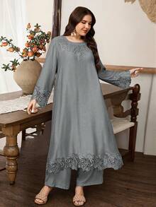 Graceveil Bộ đồ nữ cỡ lớn gồm áo dài tay cổ tròn và quần ống đứng phối ren, kiểu dáng rộng rãi, thoải mái, chất liệu cao cấp. - Xám - Xem 5