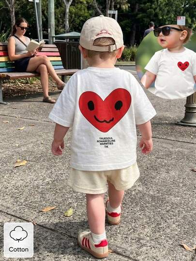 SHEIN Playful Pals Baby Girls' White Casual Heart Print Short Sleeve T-Shirt, Suitable For Outings, Sports, And Daily Wear