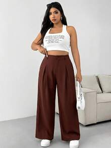 Solflare Pantalones anchos de unicolor con botones, talla grande, adecuados para graduación, regreso a la escuela, atuendos de maestras para mujeres, marrón óxido - Óxido marrón - Ver 6