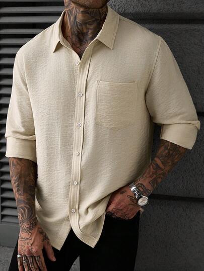 Manfinity CasualCool Men's Loose Fit Shirt, Retro Pocket Decor Long Sleeve Top, Gen Z Cityboy Streetwear Casual Button-Down Shirt,Stylish Men's Solid Color Button-Up Shirt With Long Sleeves And Chest Pocket Comfortable For Everyday Wear,Mens Shirts Casual
