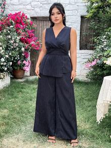 Modelyn Plus Size Women Navy Blue Asymmetric Hem Sleeveless Shirt And Wide Leg Pants Casual Elegant 2 Pieces Set Office Summer - Navy Blue - View 7