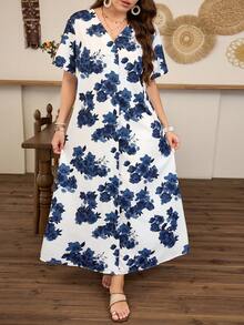 Al Najma Vestido largo holgado con estampado floral árabe elegante para mujer de talla grande, primavera/verano - Azul - Ver 3